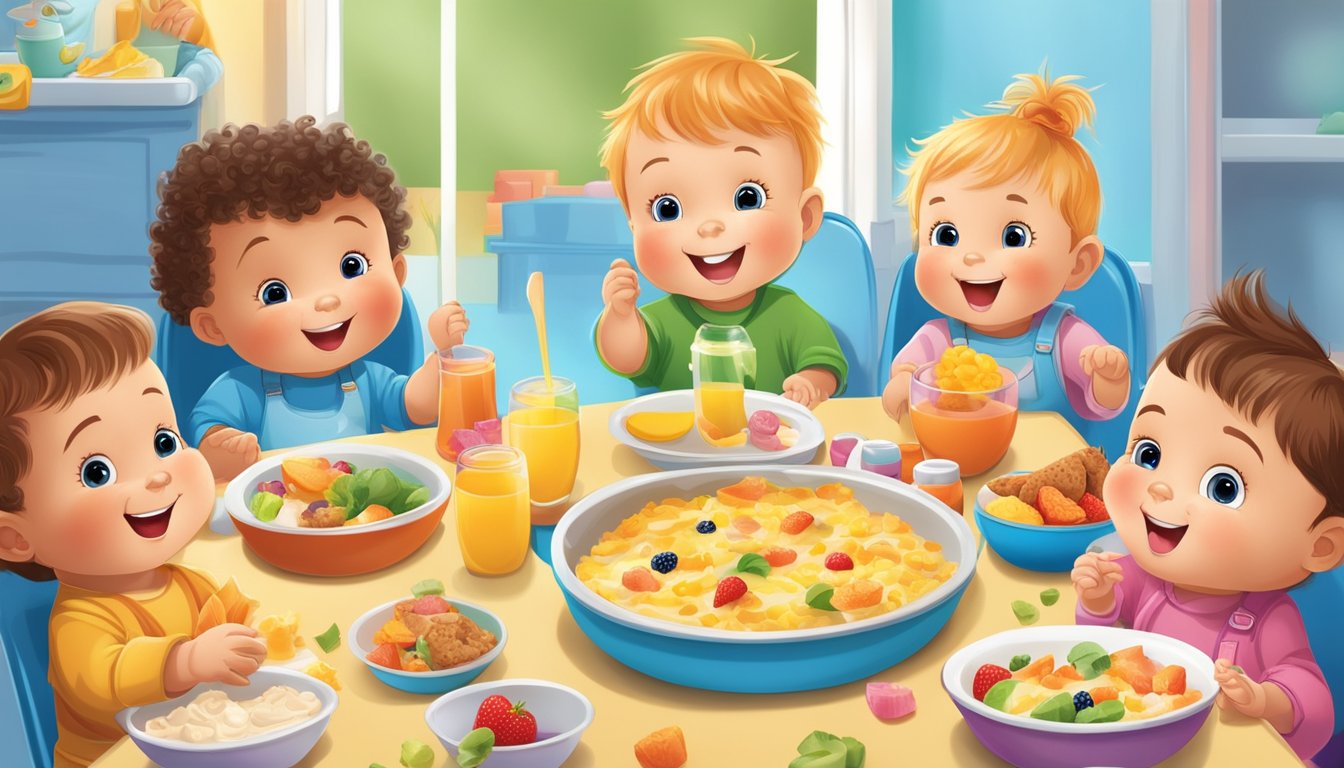 A group of happy toddlers enjoying a nutritious breakfast together, surrounded by colorful and healthy Gerber Graduates Breakfast Buddies products