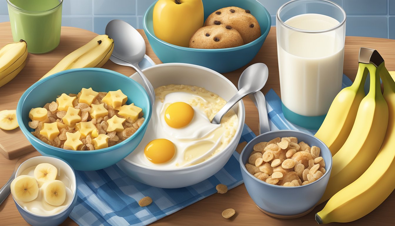 A colorful bowl filled with Gerber Graduates Breakfast Buddies surrounded by a spoon, milk carton, and a banana on a kitchen counter