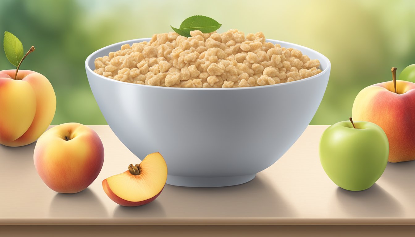 A bowl of Gerber lil bits oatmeal peach apple cereal surrounded by fresh peaches and apples