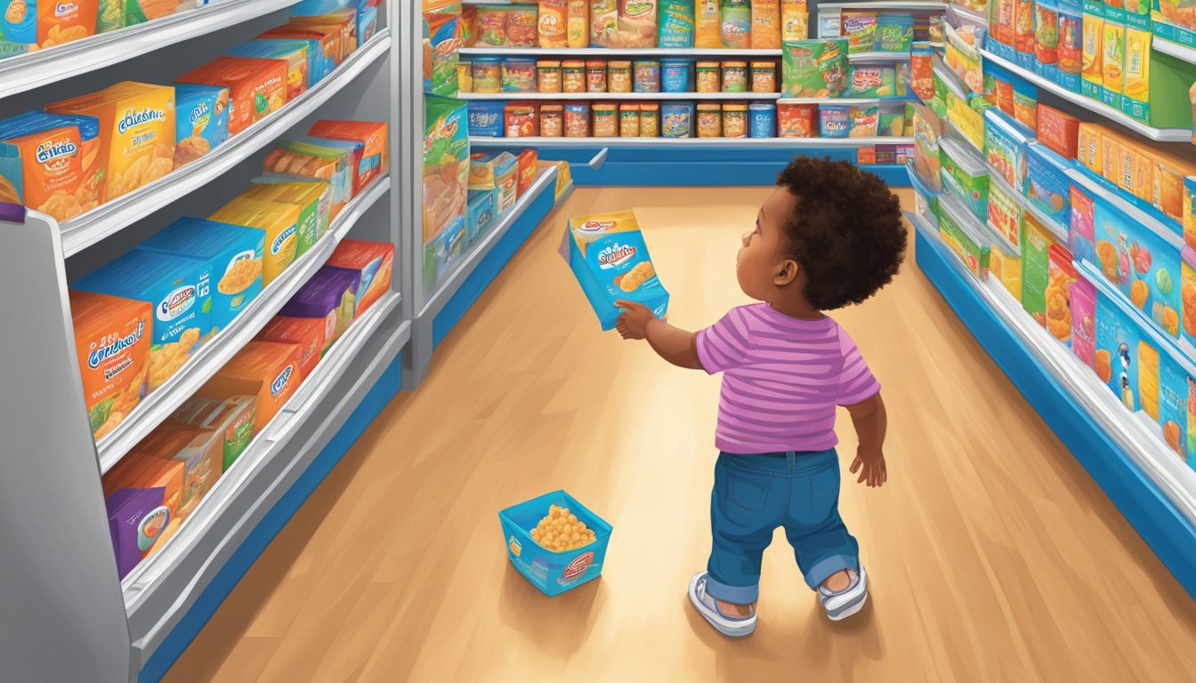 A toddler reaching for a shelf of colorful Gerber Graduates Breakfast Buddies cereal boxes in a grocery store aisle