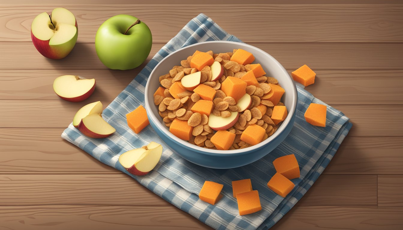 A bowl of Gerber Lil Bits Multigrain Apple Sweet Potato cereal surrounded by fresh apple and sweet potato slices on a wooden table