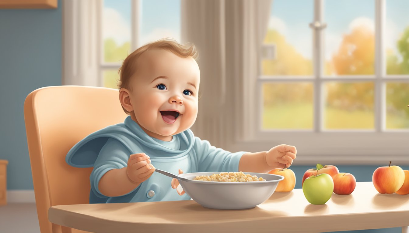 A baby sitting in a high chair, eagerly eating Gerber Lil' Bits Oatmeal Peach Apple cereal with a spoon. A happy parent watches nearby