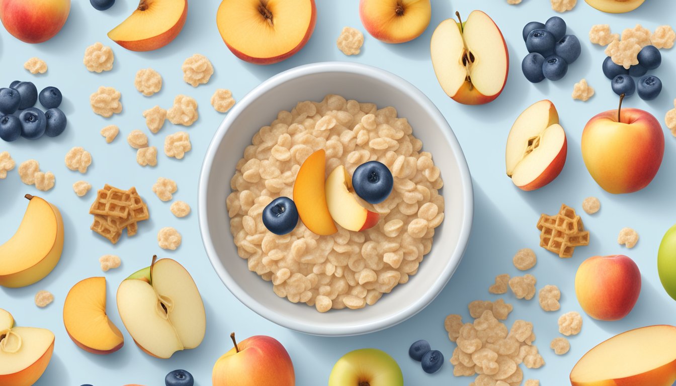 A bowl of Gerber Lil Bits oatmeal peach apple cereal surrounded by safety and quality standard symbols and icons