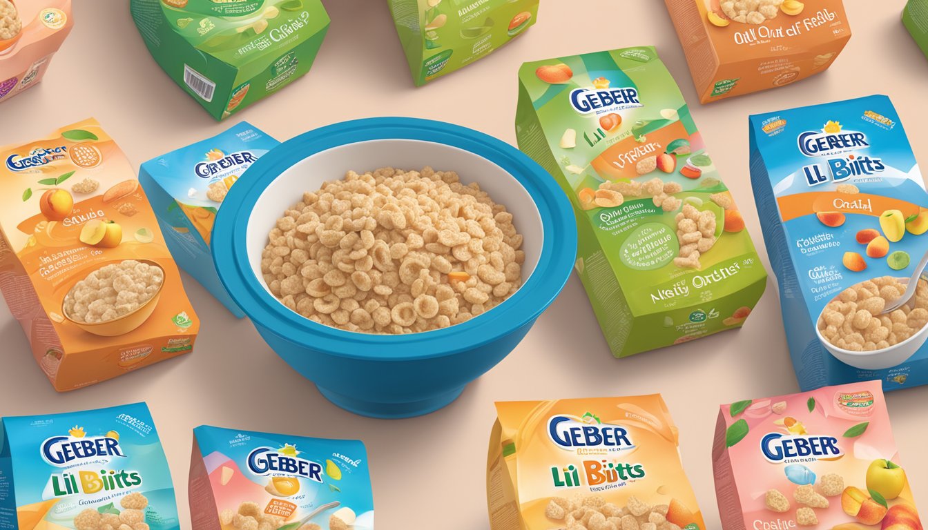 A bowl of Gerber Lil Bits oatmeal peach apple cereal surrounded by colorful packaging variants