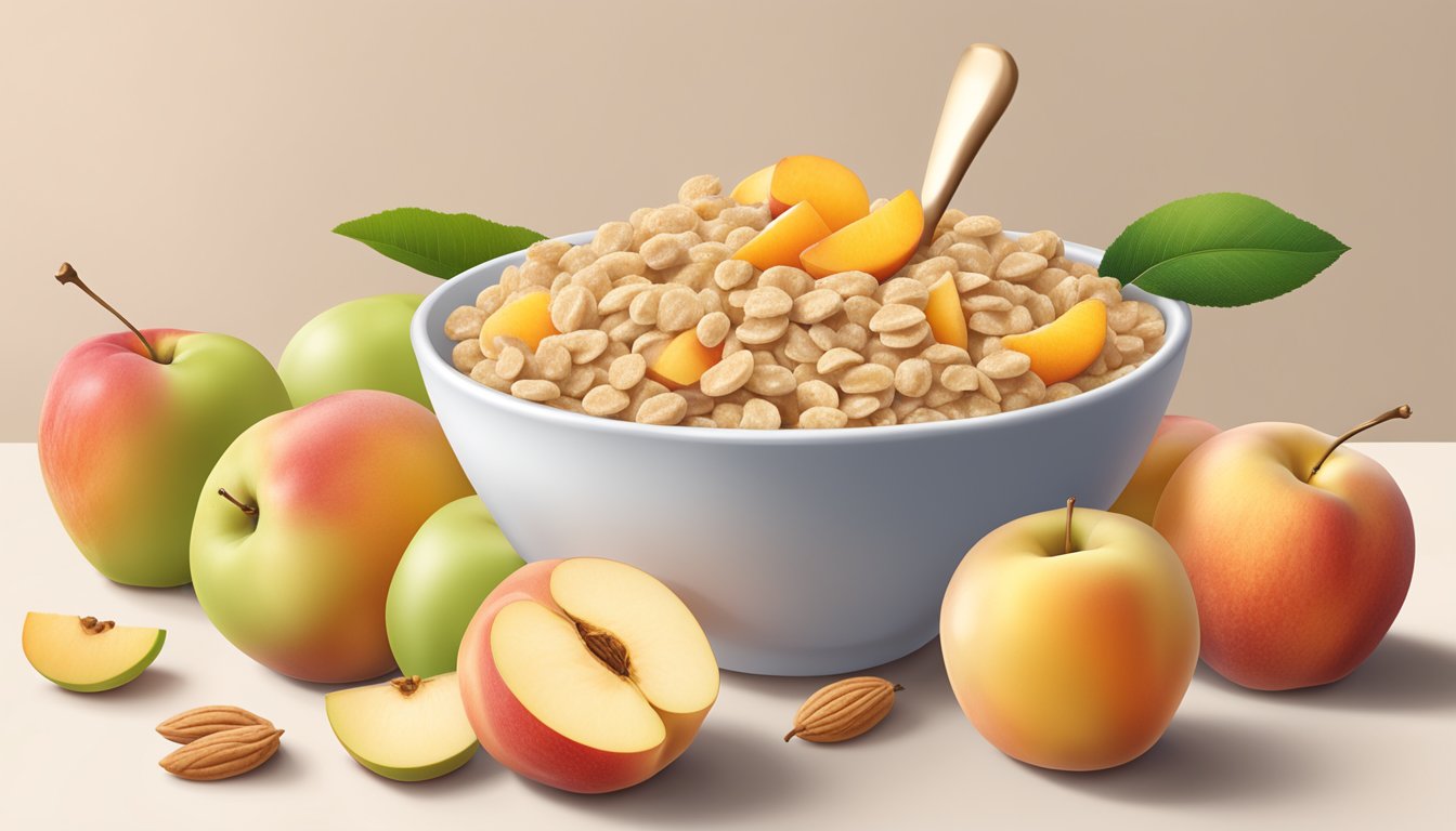 A bowl of Gerber lil bits oatmeal peach apple cereal surrounded by fresh peaches and apples