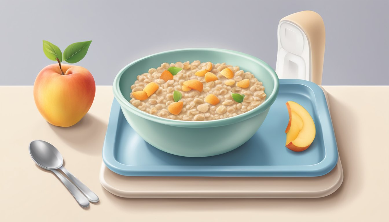 A colorful bowl of Gerber lil bits oatmeal peach apple cereal with a spoon on a high chair tray