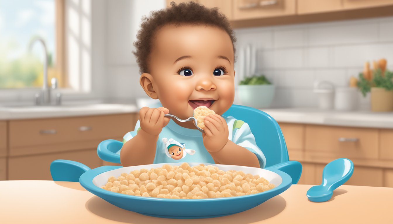 A smiling baby reaching for a spoonful of Gerber Lil Bits oatmeal peach apple cereal, while a parent looks on with delight