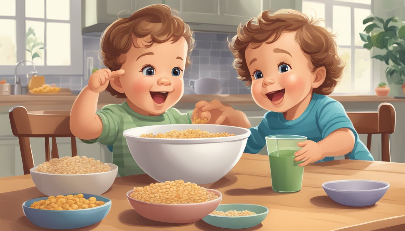 A happy toddler sits at a high chair, eagerly reaching for a bowl of organic cereal while a parent lovingly prepares a nutritious meal