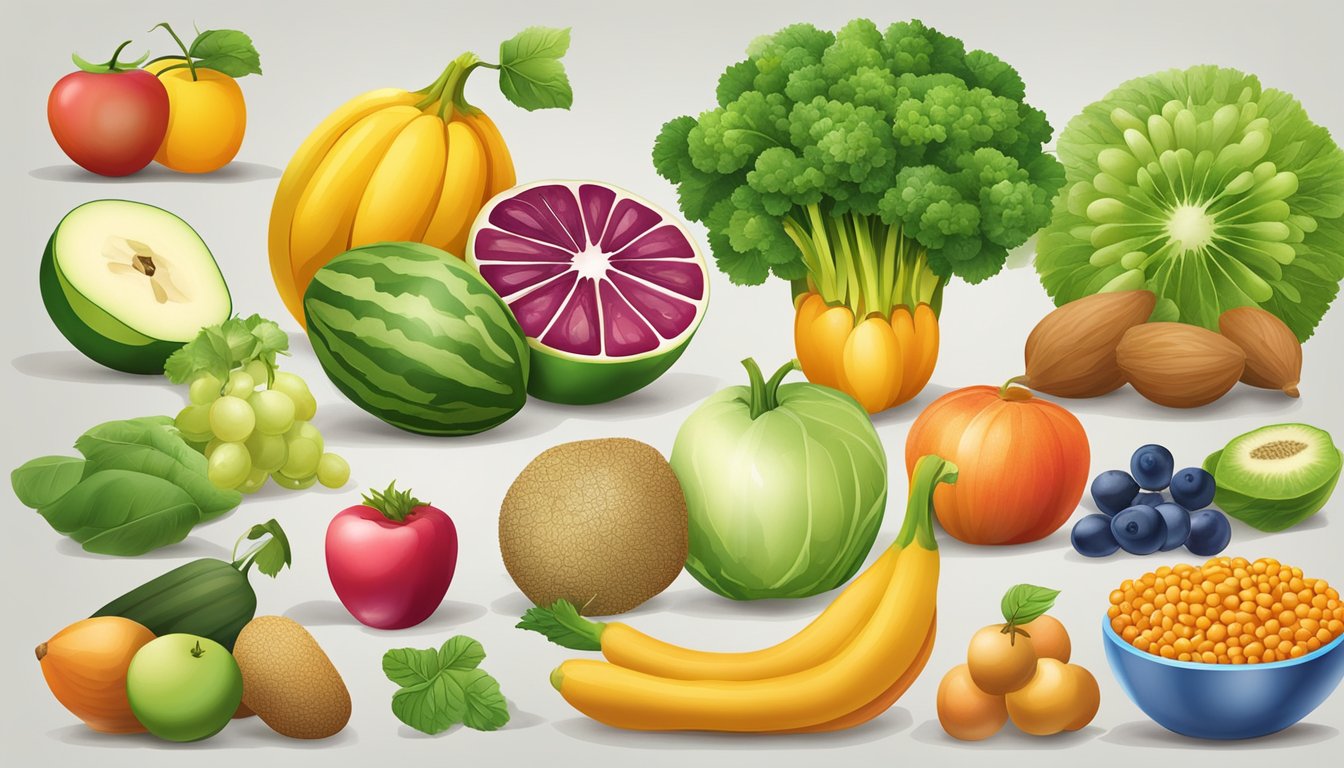 A colorful array of fruits, vegetables, grains, and legumes arranged in a balanced and appealing manner