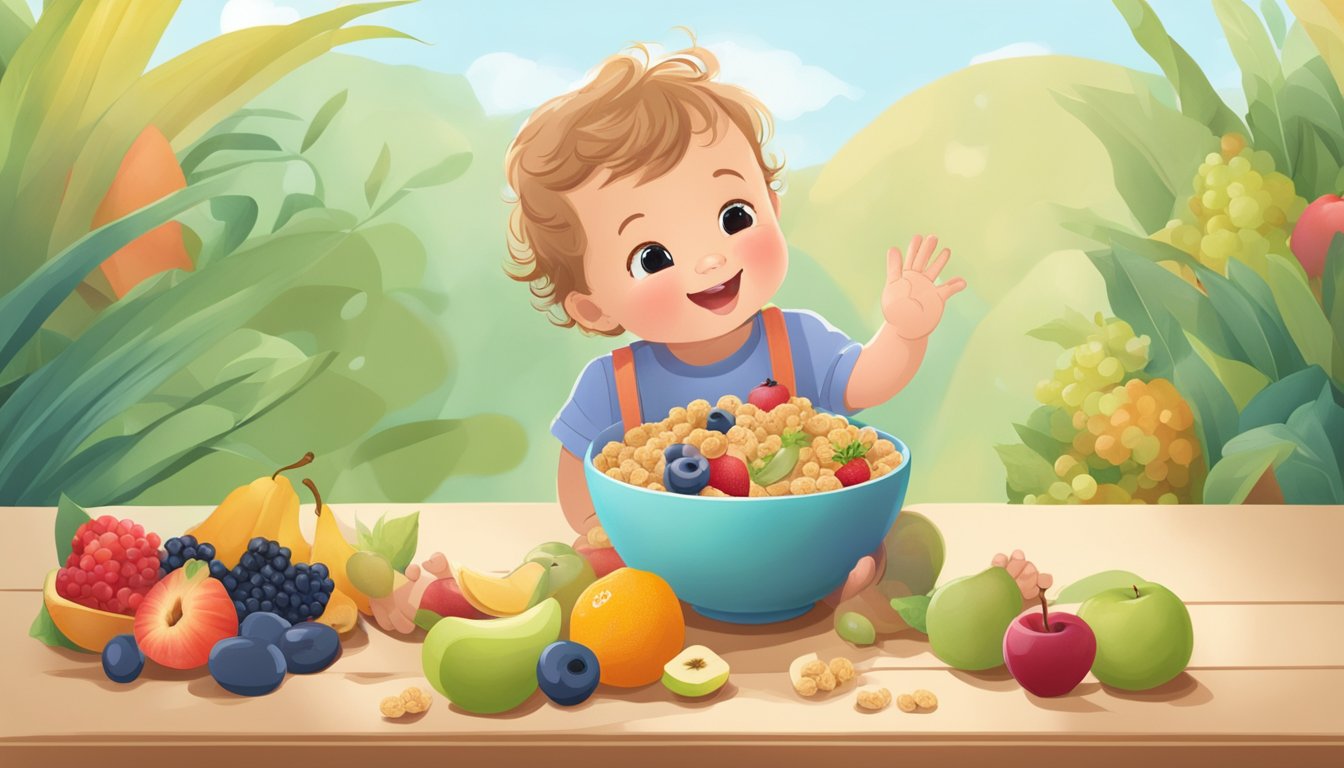 A bowl of organic cereal surrounded by colorful fruits and a happy toddler reaching for it