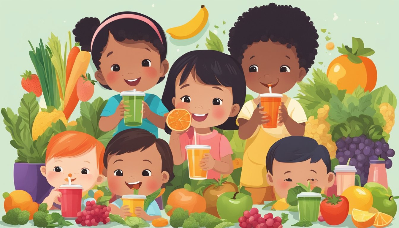 A group of toddlers happily drinking from colorful plant-based sippy cups, surrounded by a variety of fruits, vegetables, and grains