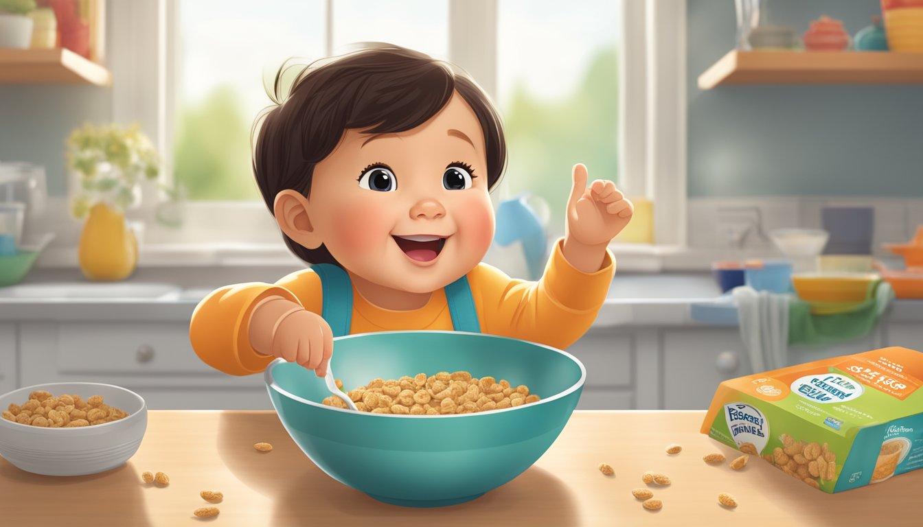 A playful toddler eagerly reaching for a bowl of Else Nutrition Profile organic cereal