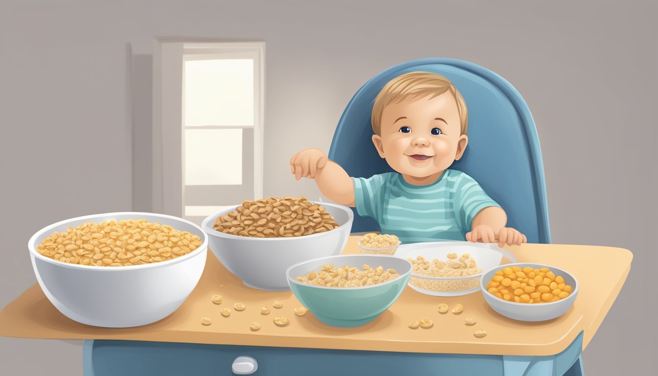 A toddler's high chair with a bowl of organic cereal and a separate plate of dietary accommodations