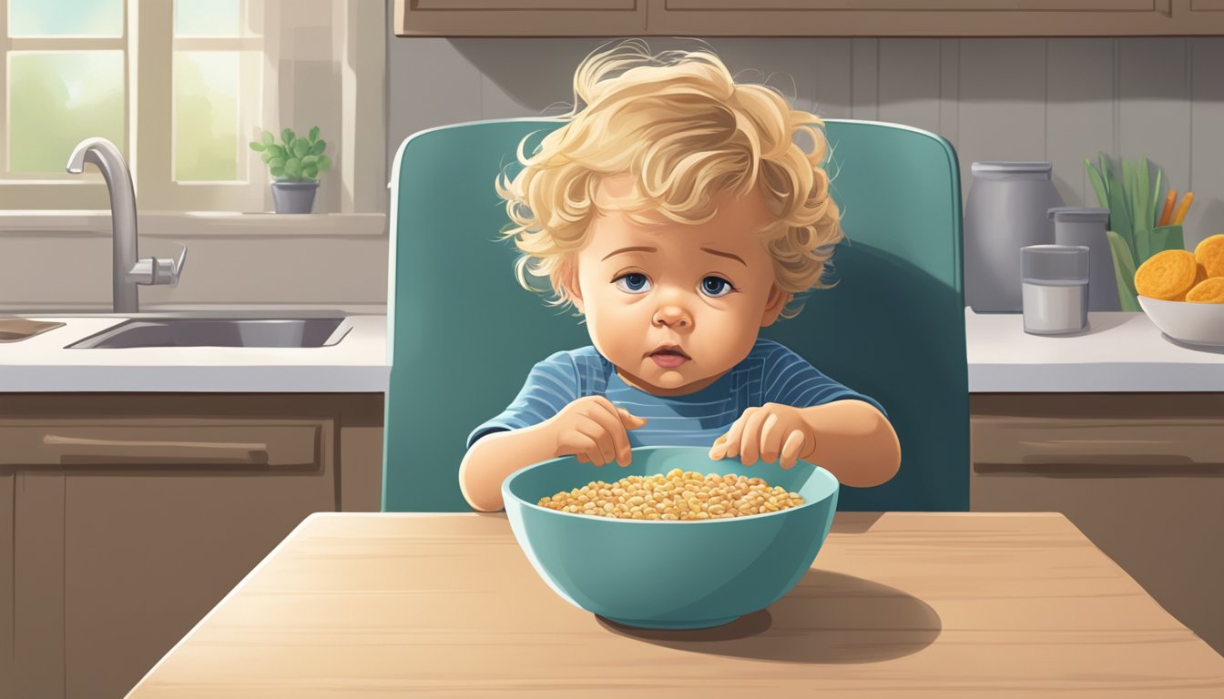 A toddler sits in a high chair, frowning at a bowl of organic cereal. A parent tries to coax them into taking a bite