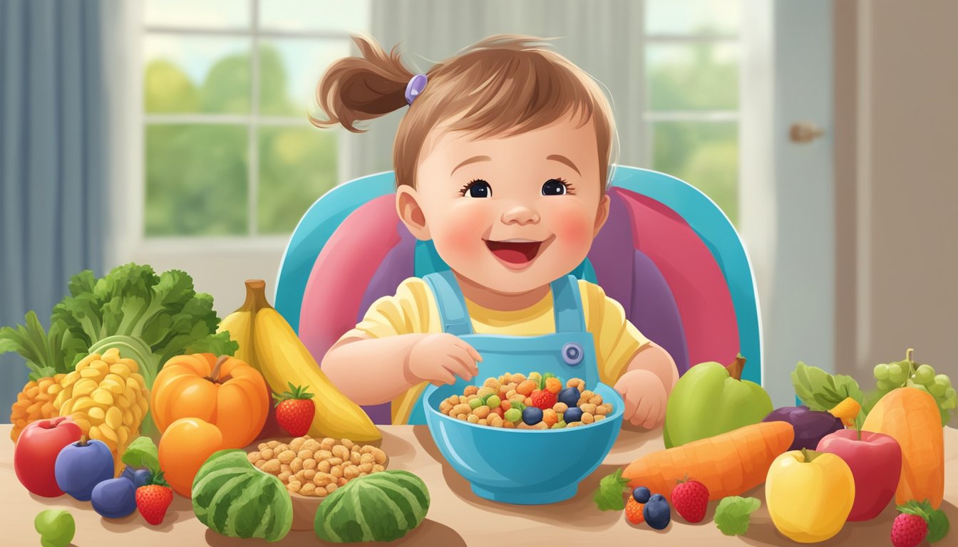 A happy toddler sits at a high chair, surrounded by colorful fruits and vegetables. A bowl of organic cereal is placed in front of the child