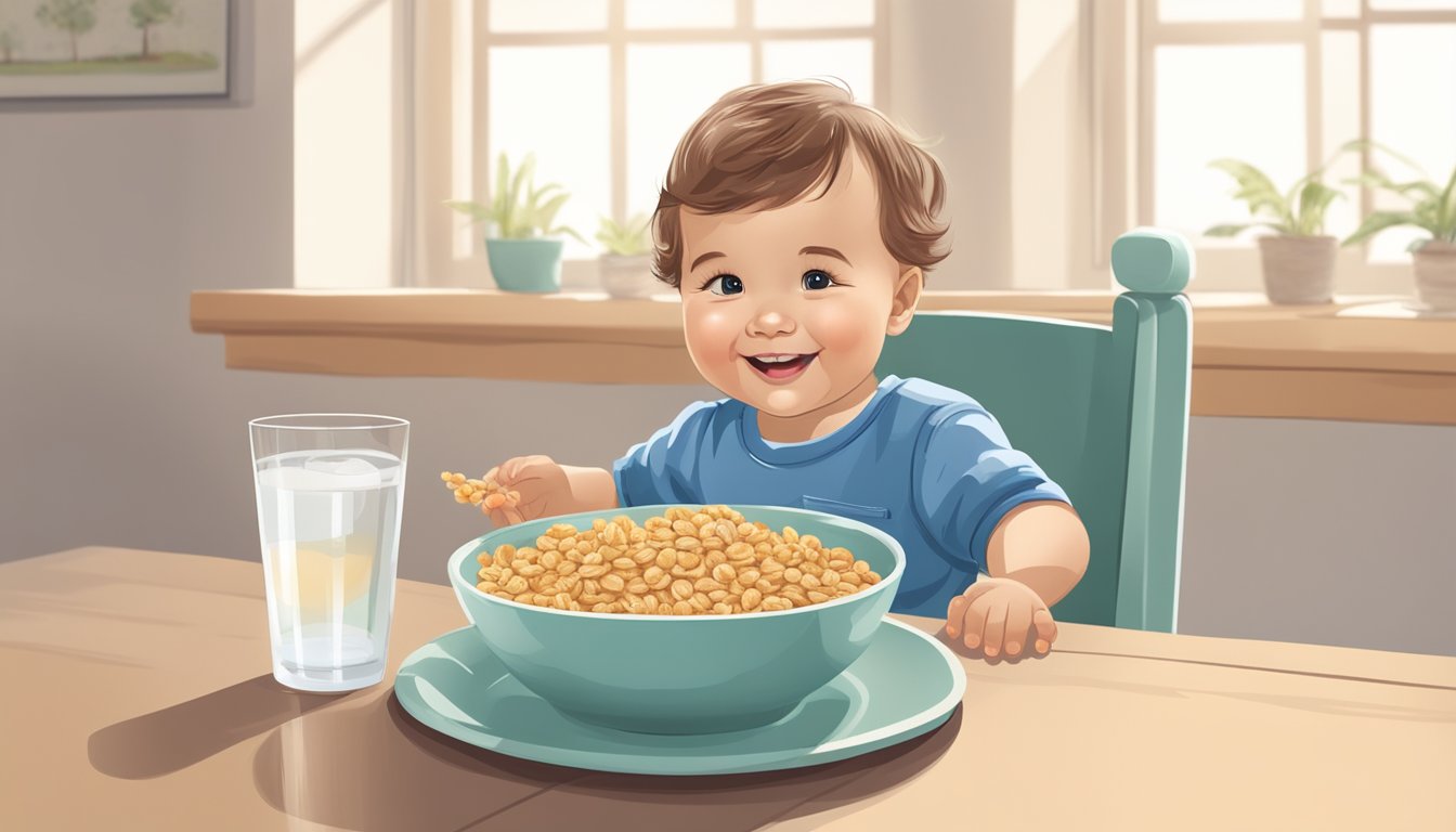 A smiling toddler sits at a high chair, eating organic cereal. A bowl of cereal and a glass of water sit on the tray in front of the child