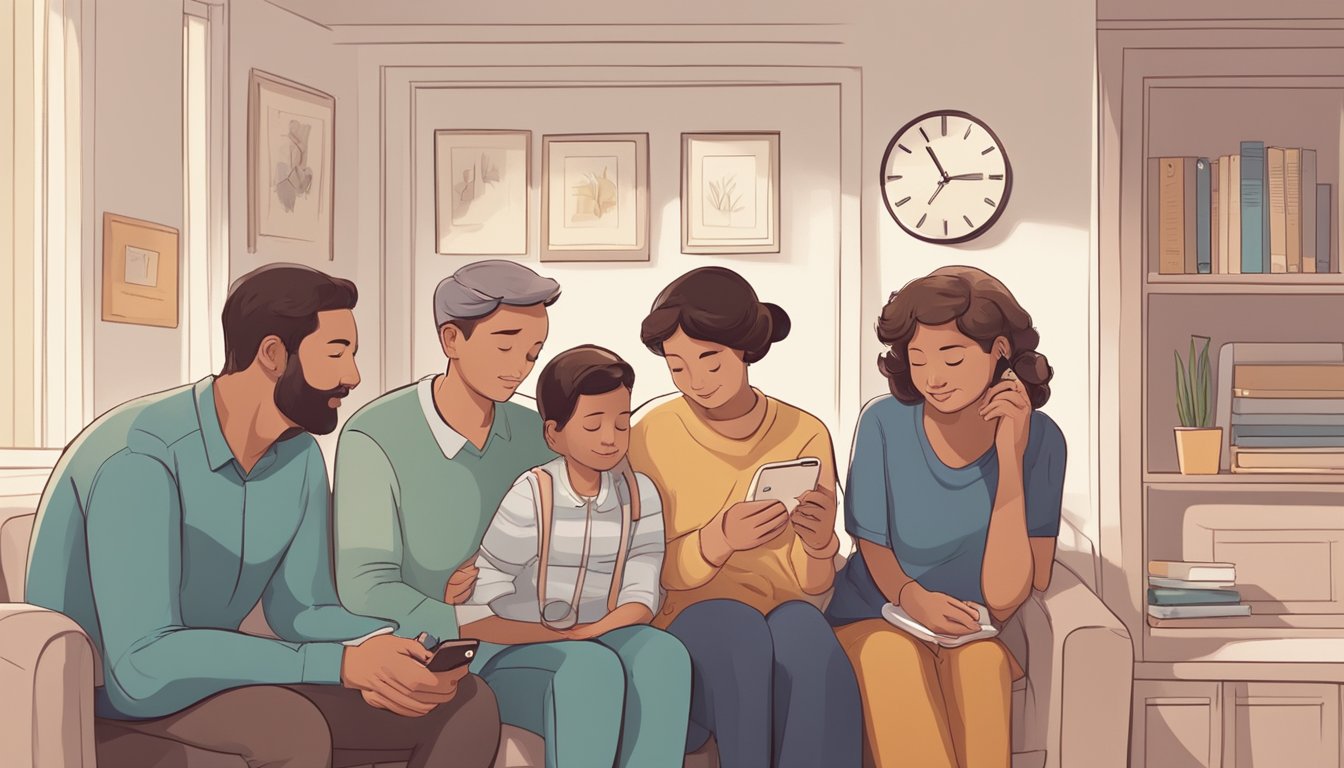 Family members gather around a phone, receiving a call about a loved one's passing. They hold each other for support, while a clock on the wall shows the passing of time