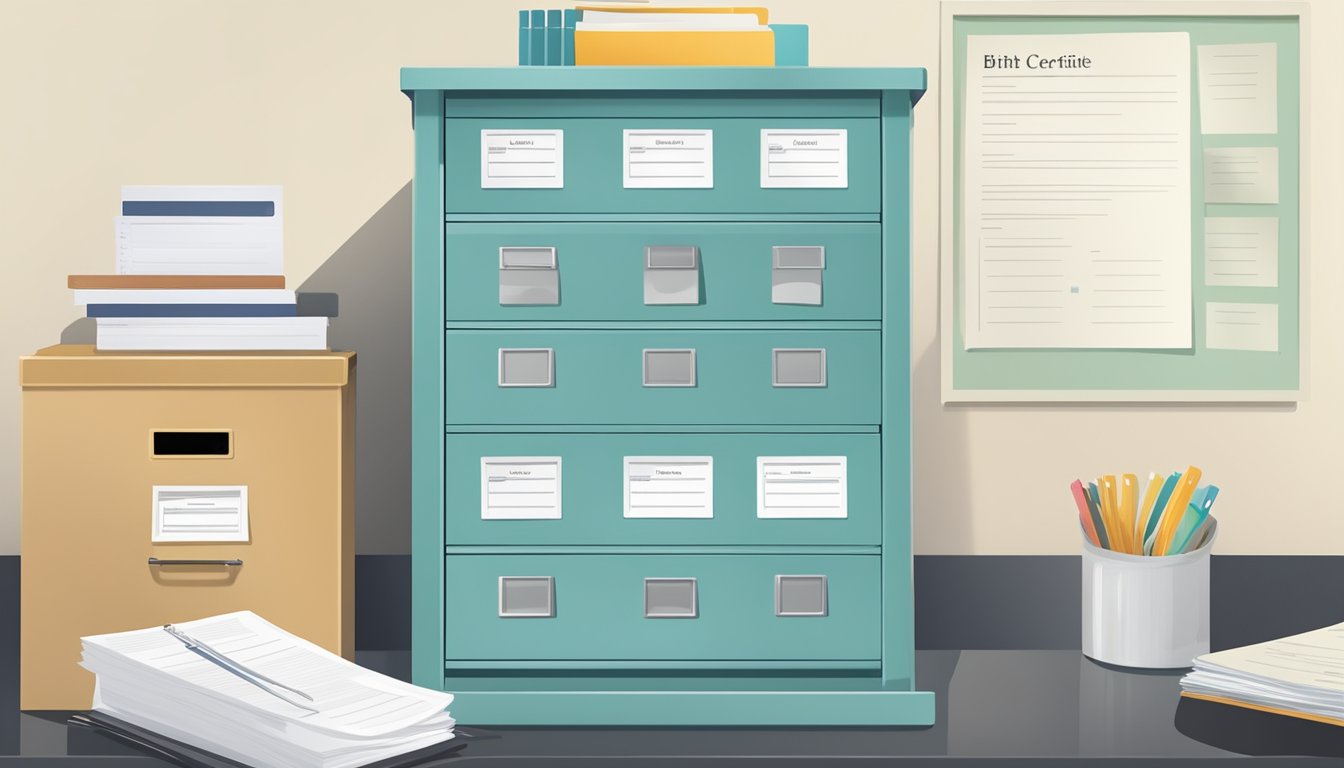 A filing cabinet with labeled folders for birth certificate, will, insurance policy, and other essential documents