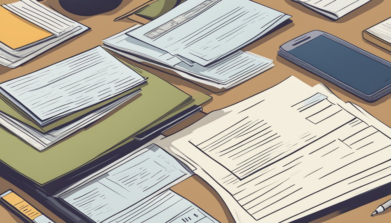 A stack of essential documents including a will, death certificate, and bank account information laid out on a table