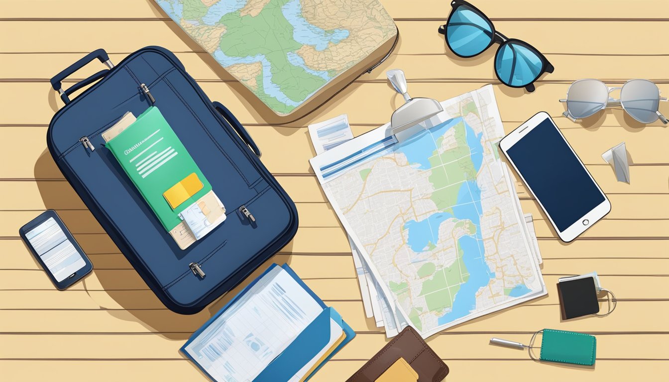 A suitcase with travel documents, a passport, and a checklist on a table. A phone with emergency contact numbers and a map of the destination