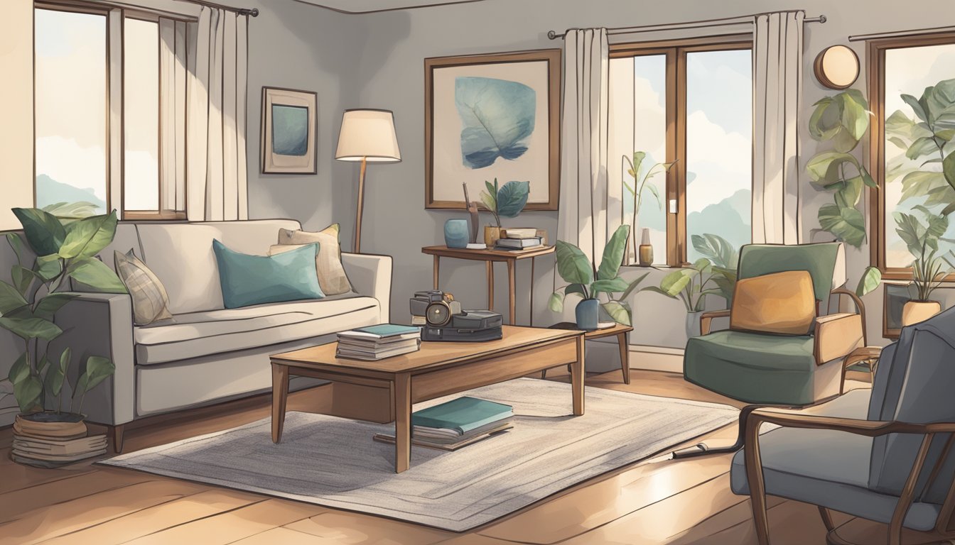 A serene living room with a peaceful atmosphere, featuring a phone off the hook, a notepad with a pen, and a person's personal belongings neatly arranged on a table