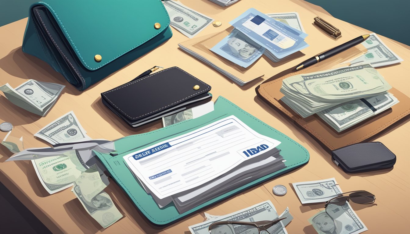 A desk with scattered papers and a Social Security card, surrounded by a wallet, ID, and other essential documents