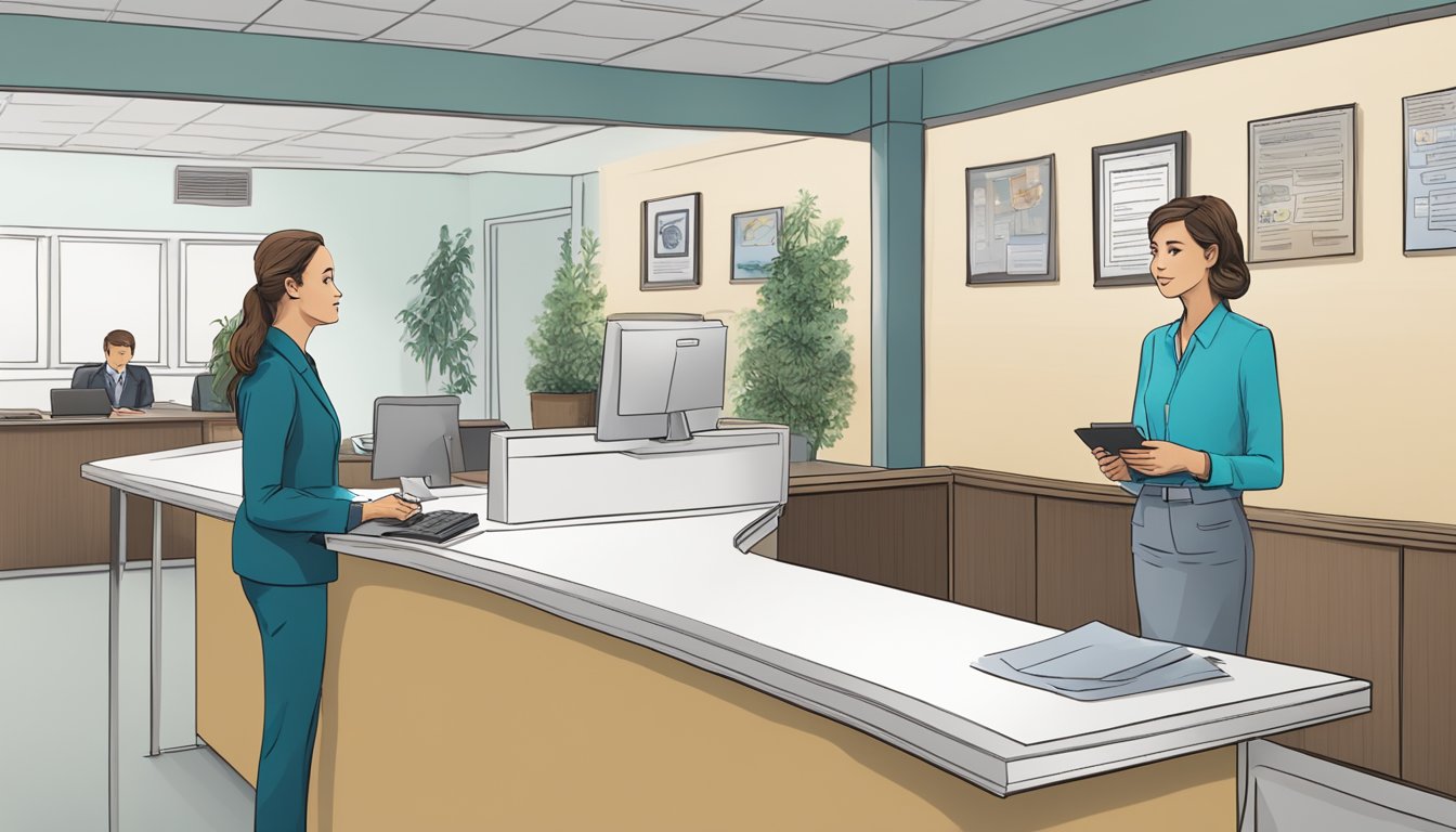 A person stands at a desk, speaking with a receptionist. Behind them, a sign displays "Navigating Local Procedures 5 Steps to take when death occurs away from home."