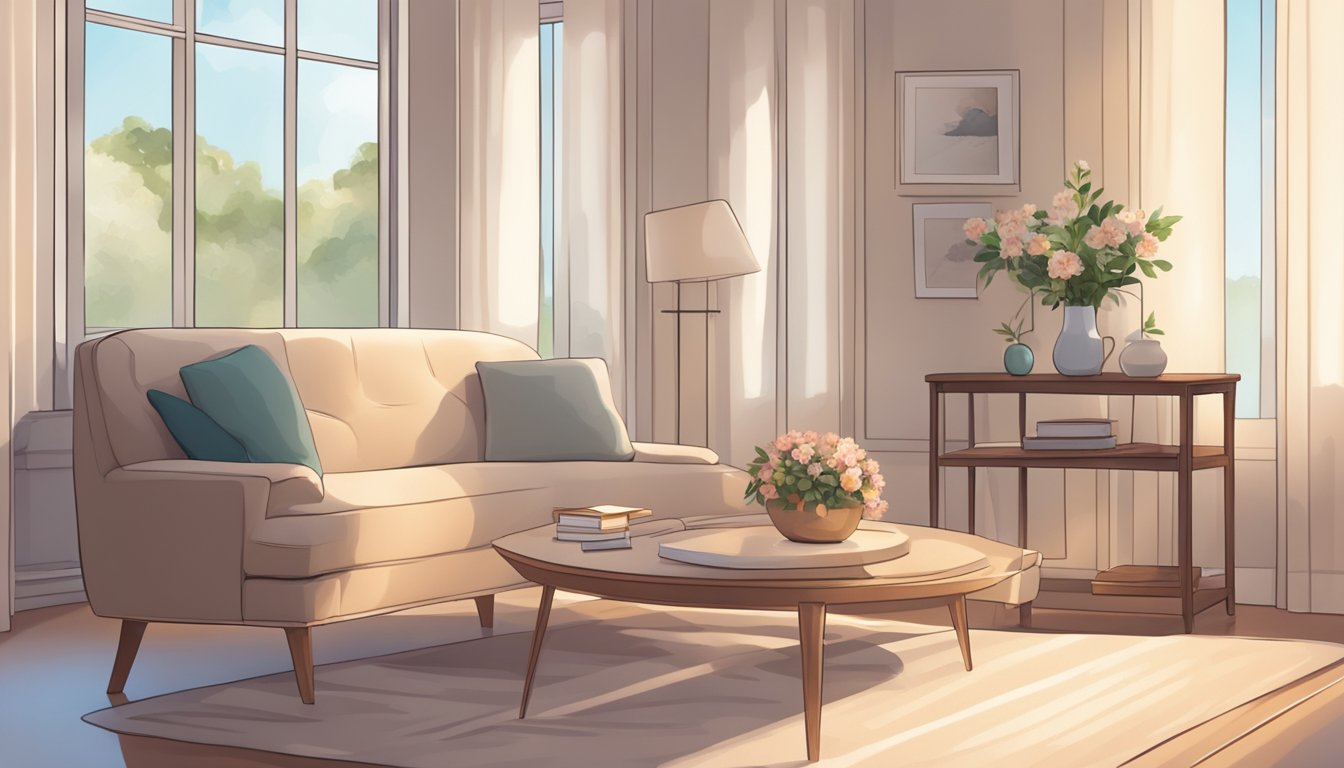 A serene living room with soft lighting, a cozy armchair, and a small table with a vase of flowers. A peaceful atmosphere with a sense of comfort and support