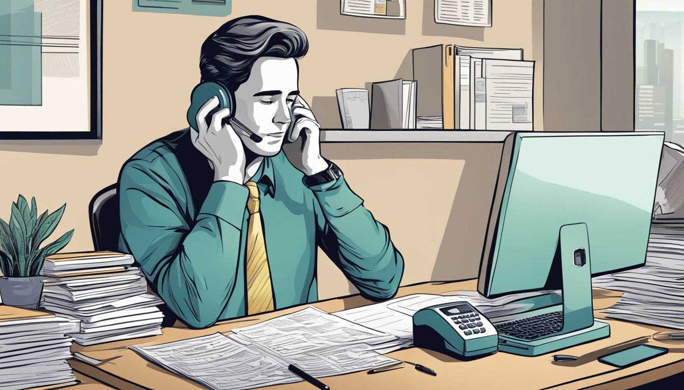 A person sitting at a desk, surrounded by paperwork and a computer, making a phone call to notify Social Security after their spouse's death