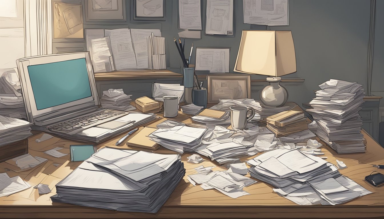 A cluttered desk with scattered papers, a pen, and a box of tissues. A dimly lit room with a framed photo of a loved one