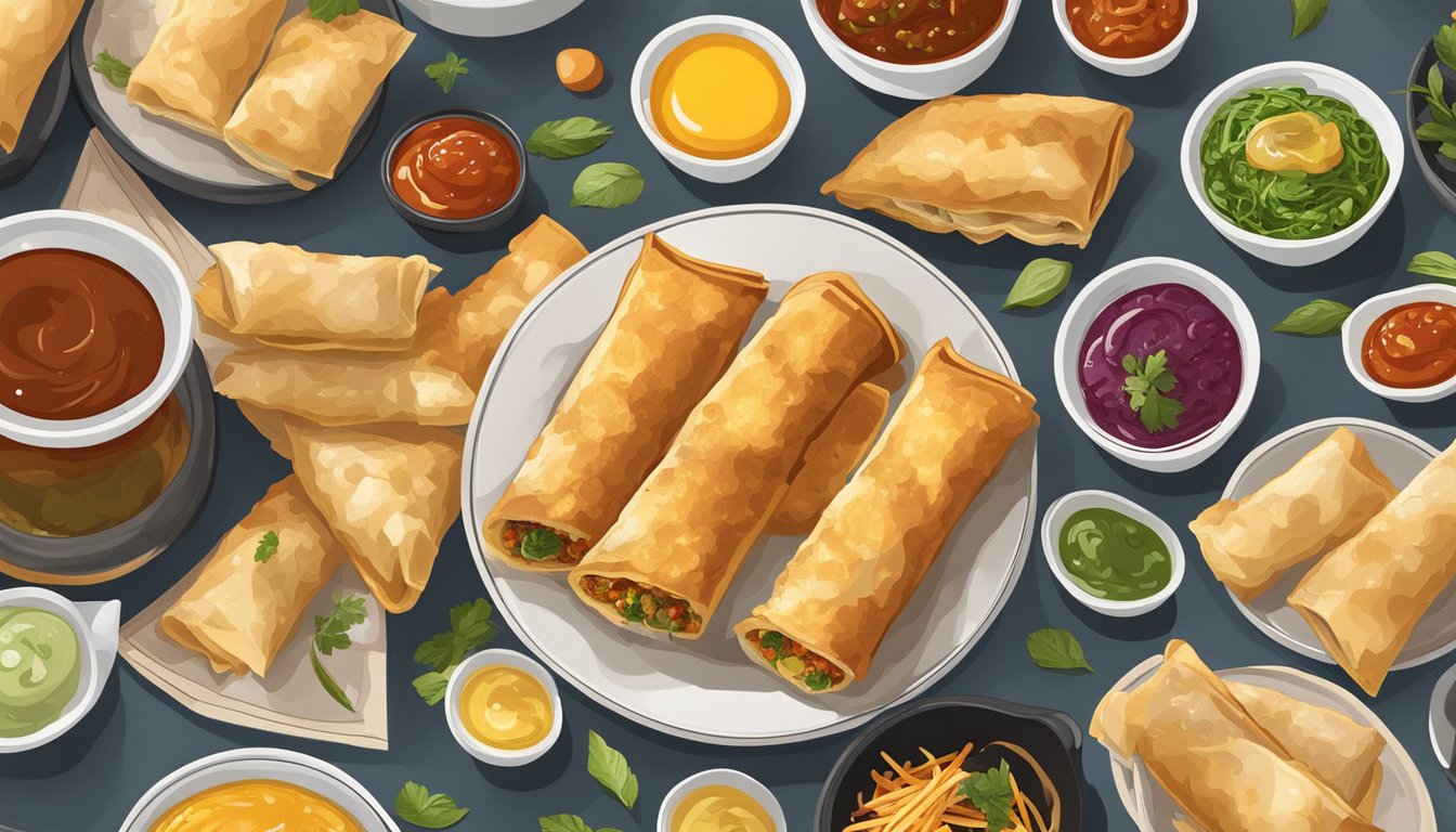 A variety of dipping sauces and accompaniments surround a plate of golden, crispy air fryer egg rolls