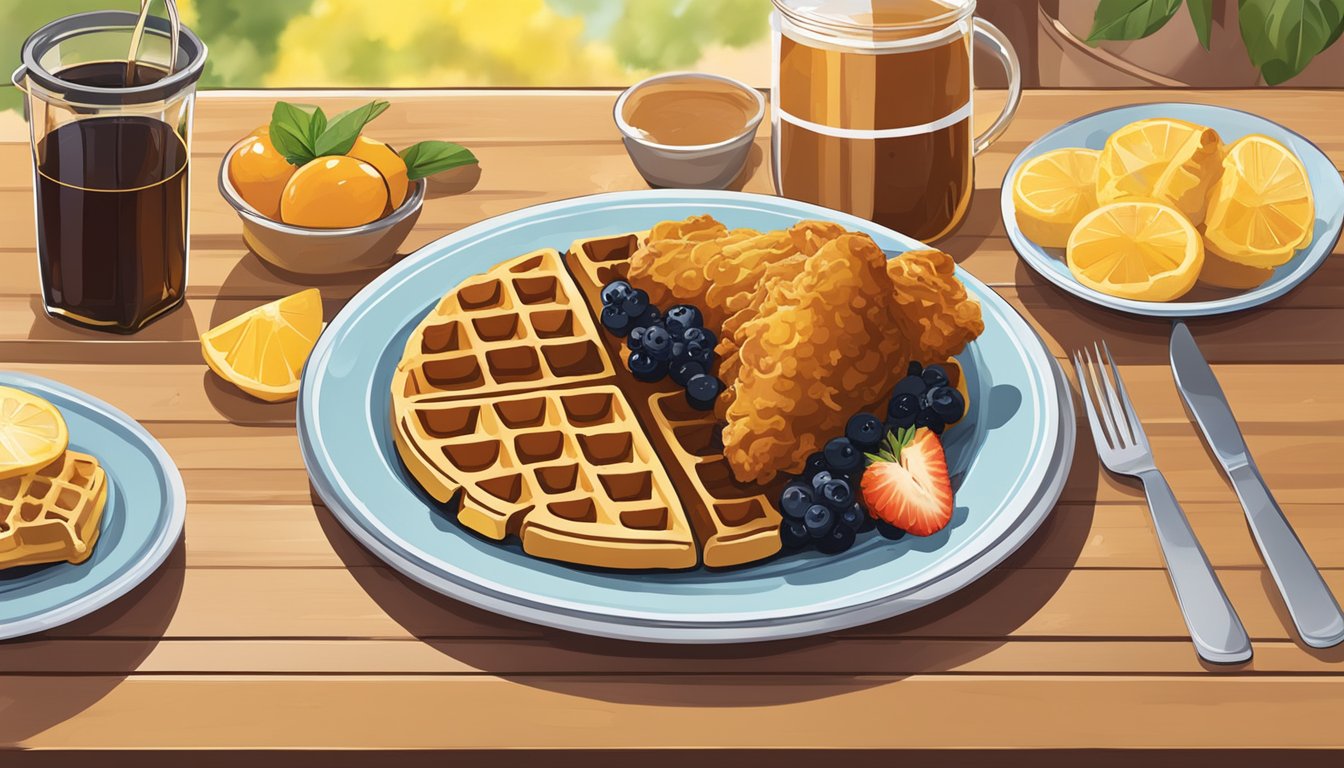 A plate of golden-brown chicken and waffles sits on a table, surrounded by fresh fruit and a drizzle of syrup