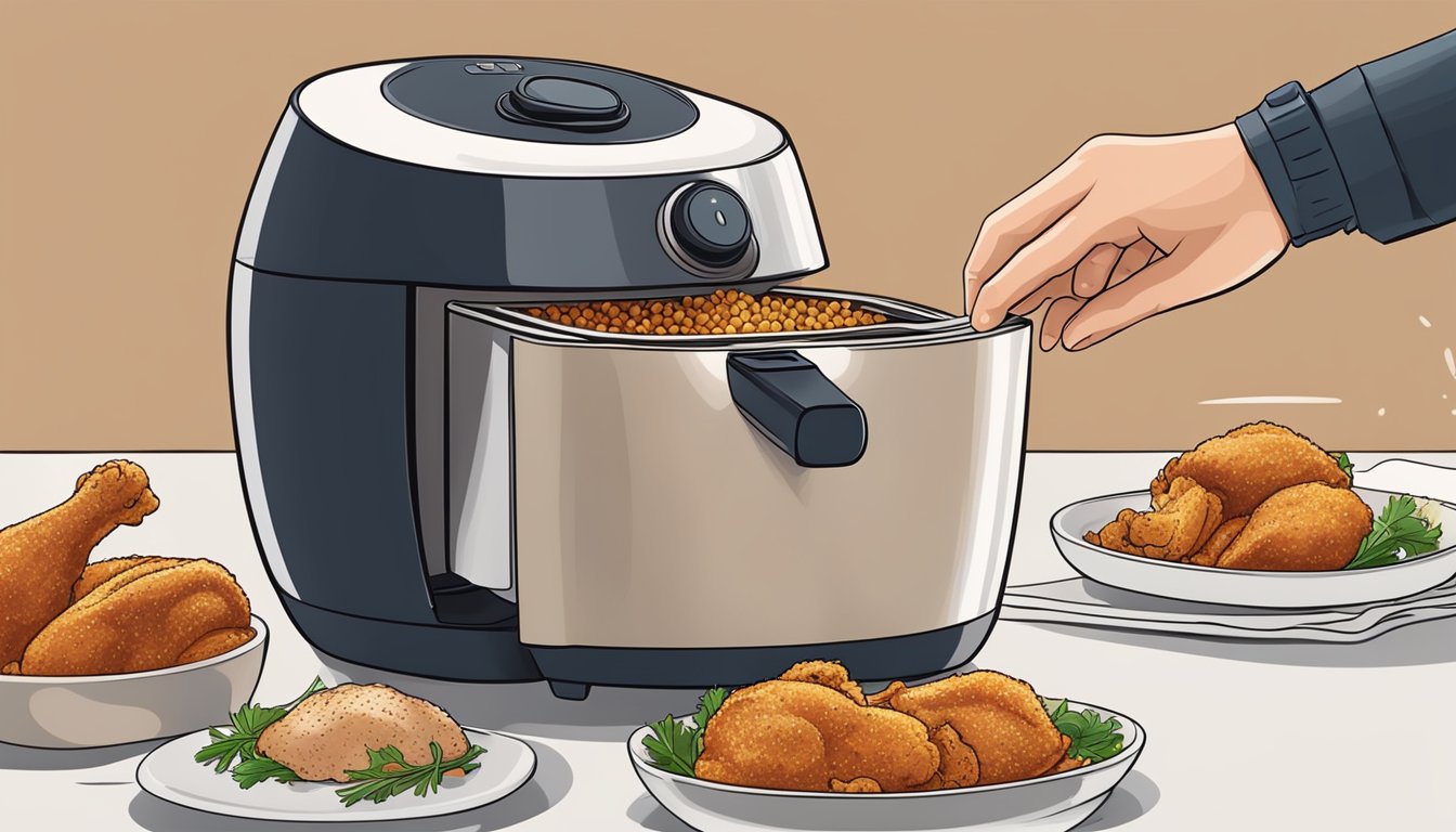 A hand sprinkles seasoning on chicken in an air fryer