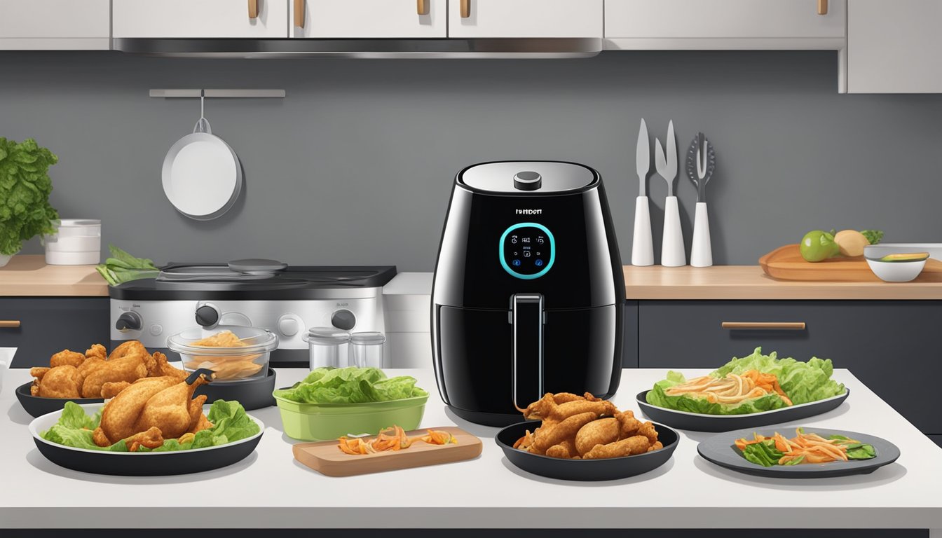 A kitchen counter with a neatly arranged air fryer, chicken, lettuce, and wraps. Airtight containers and utensils are nearby for storage and serving