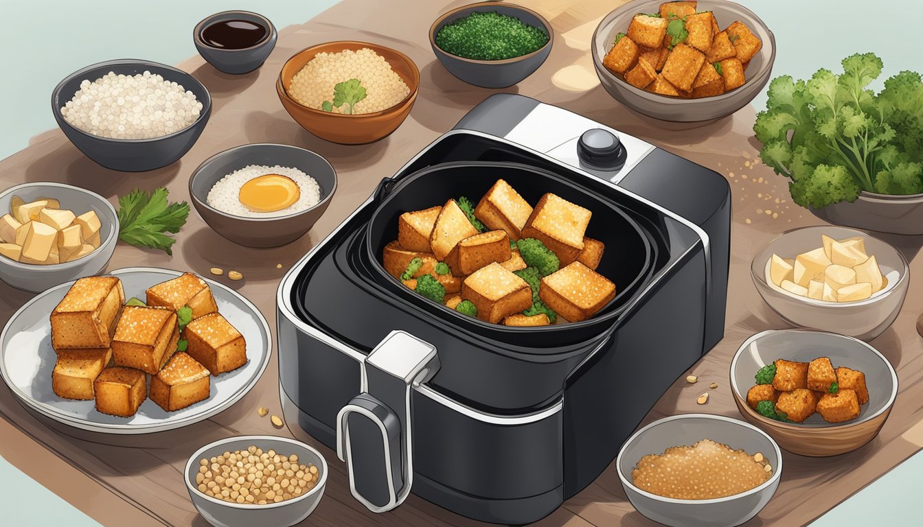 Crispy tofu sizzling in an air fryer, surrounded by a variety of flavor-enhancing ingredients like soy sauce, garlic, and sesame seeds