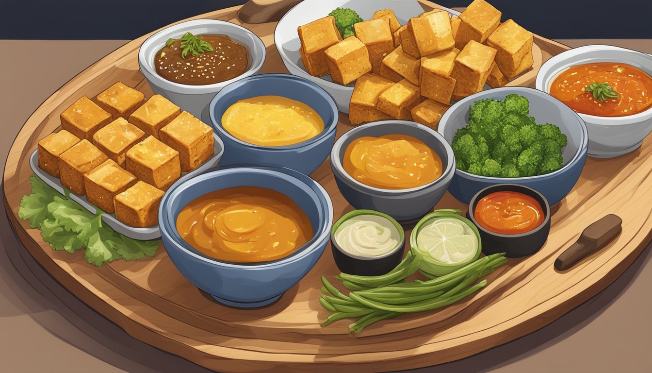 A plate of golden, crispy tofu sits alongside a variety of colorful vegetables and dipping sauces, all arranged on a wooden serving platter