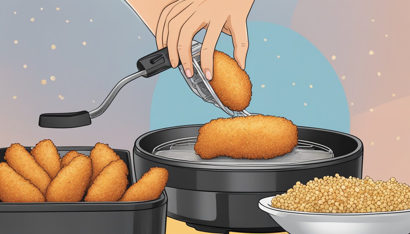 A hand sprinkles seasoning onto breaded chicken cordon bleu in an air fryer basket