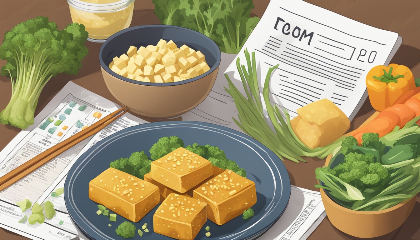 A plate of golden, crispy tofu sits next to a pile of fresh vegetables, with a pamphlet of health and nutritional information on the side