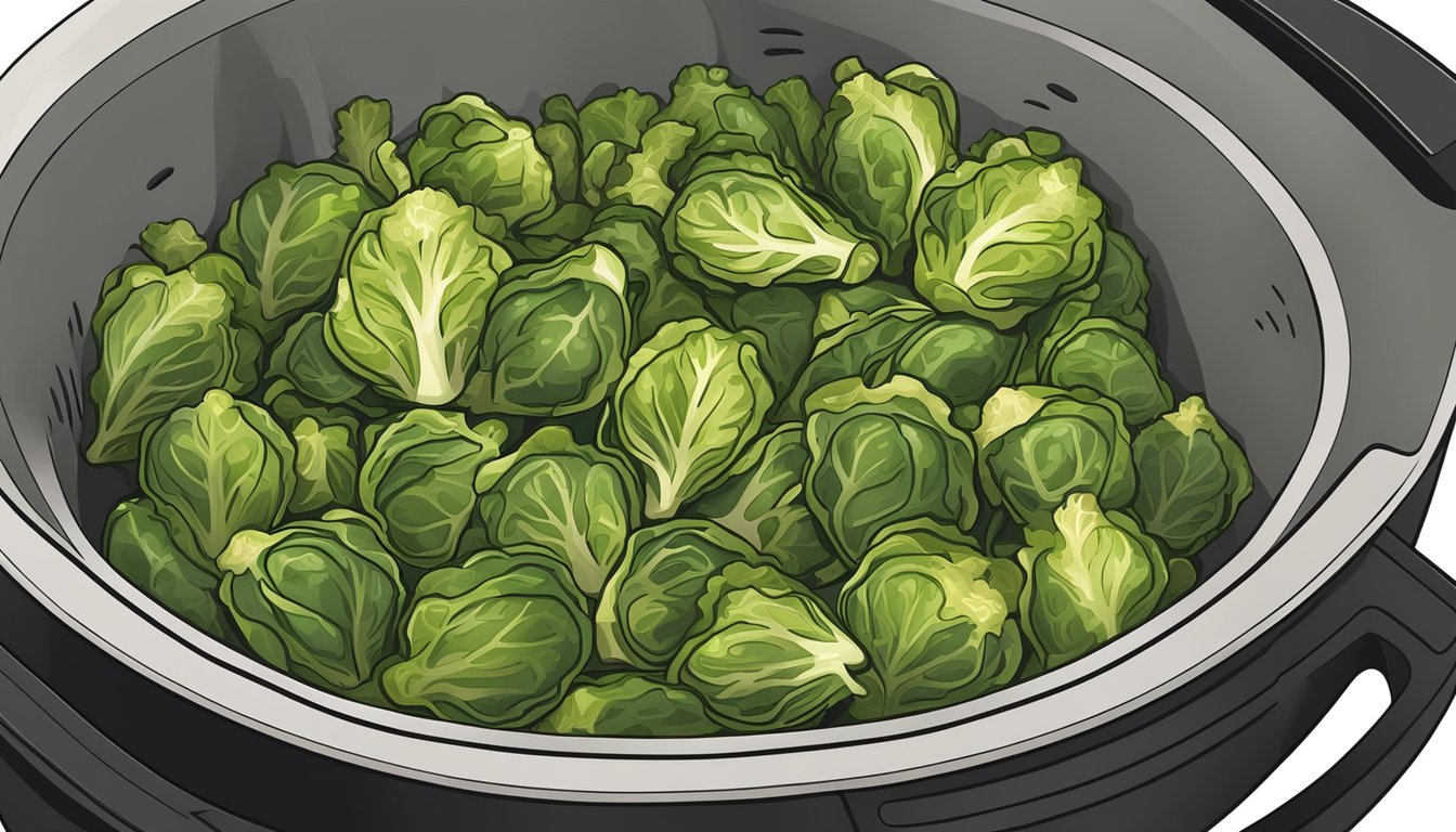 Crispy brussels sprout leaves sizzling in an air fryer, emitting a golden brown color and a tantalizing aroma