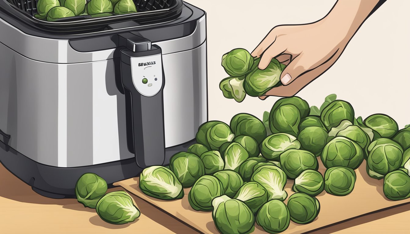 Brussels sprouts being placed into an air fryer, with the leaves turning crispy and golden brown as they cook