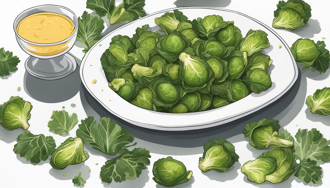 Crispy brussels sprout leaves arranged on a modern serving platter with a side of dipping sauce