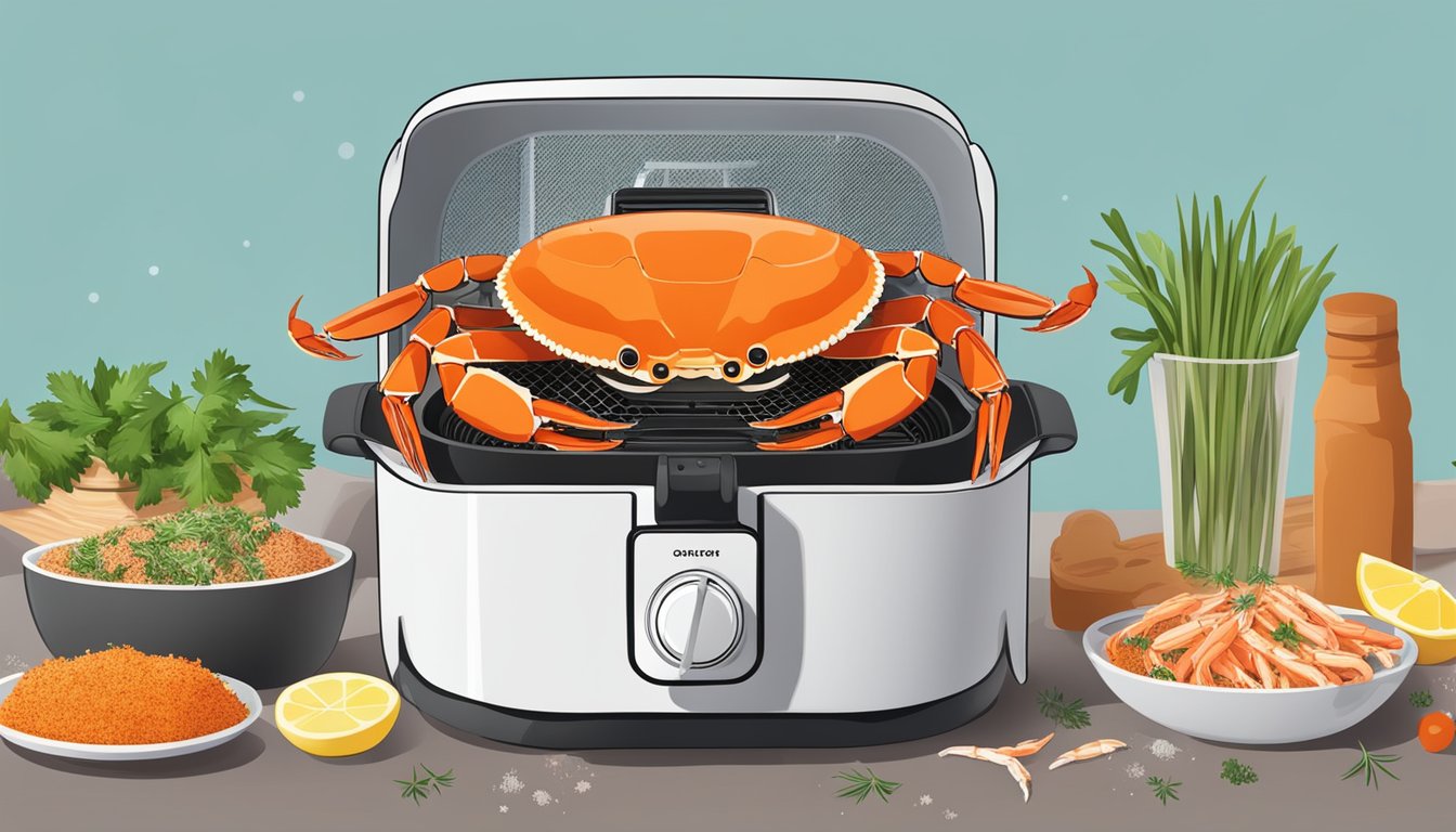 A colorful air fryer surrounded by fresh crab legs, with a variety of seasonings and herbs scattered around