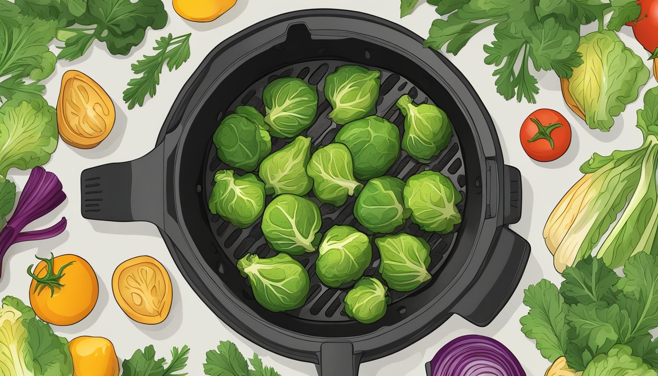 Crispy brussels sprout leaves sizzling in an air fryer, surrounded by colorful vegetables and herbs