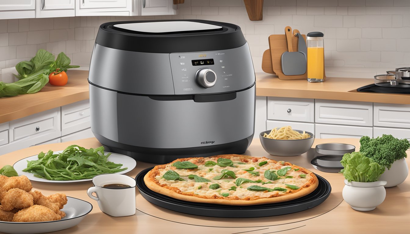 A crispy chicken alfredo pizza cooking in the Air Fryer Advantage, surrounded by ingredients and a modern kitchen setting