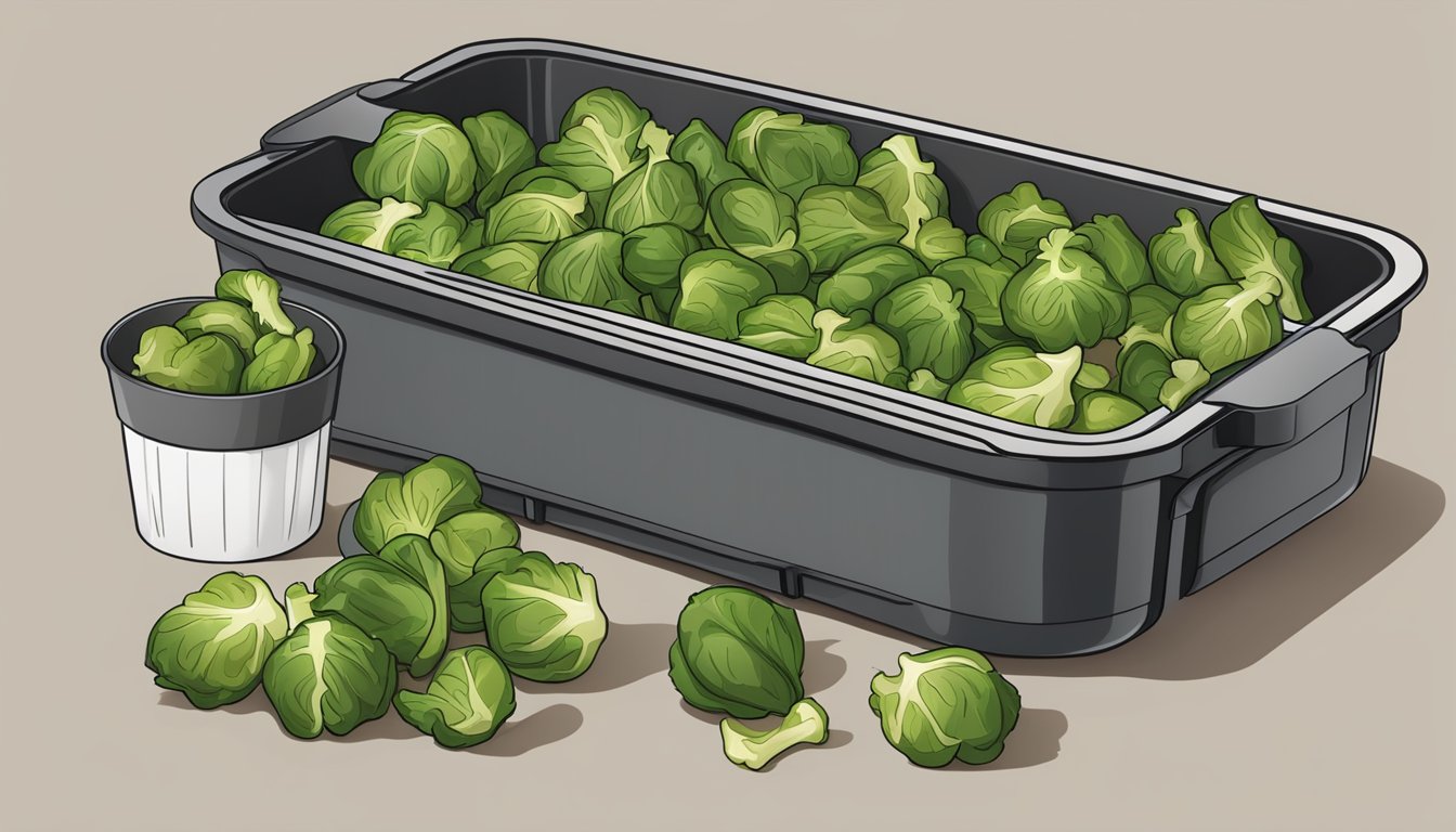 Crispy brussels sprout leaves in air fryer with storage containers for leftovers