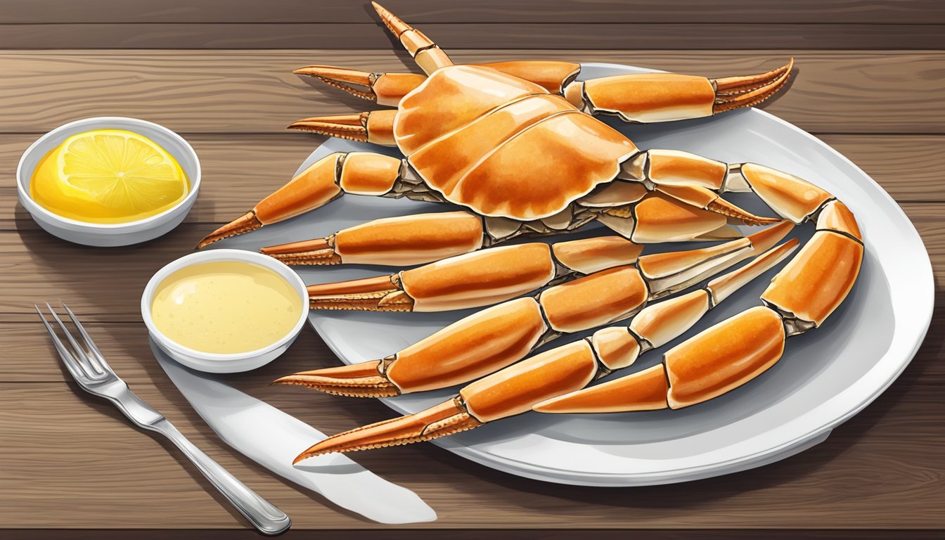 Golden brown crab legs arranged on a white platter with lemon wedges and a side of dipping sauce, placed on a wooden table