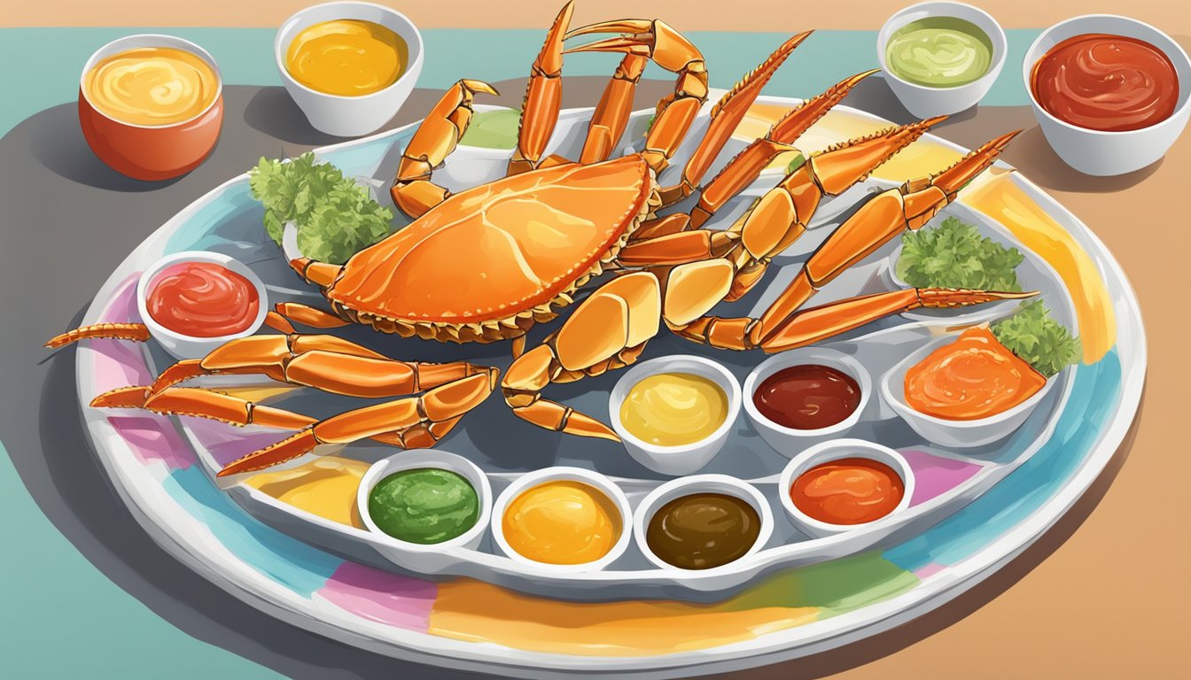 Golden crab legs surrounded by small dishes of colorful dipping sauces on a serving platter