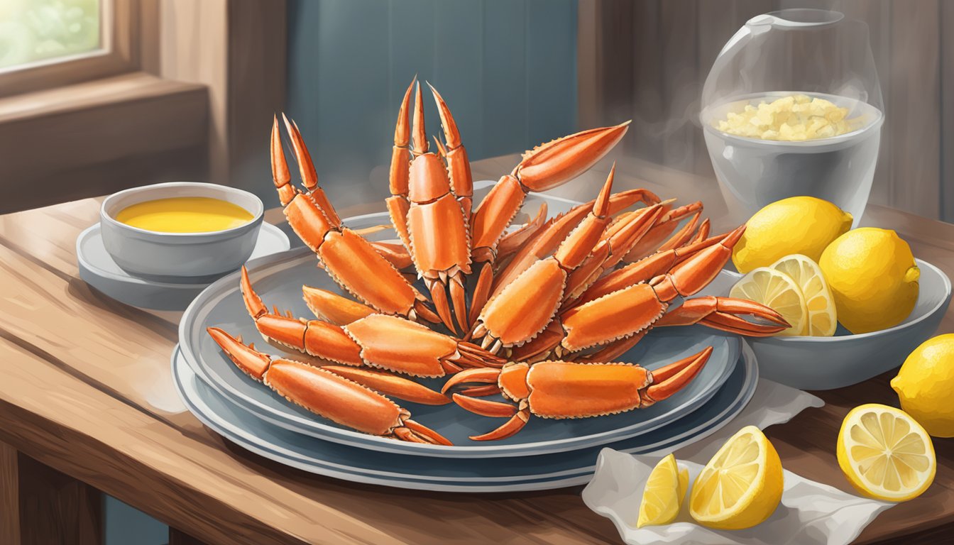 A steaming plate of air-fried crab legs sits on a wooden table, surrounded by lemon wedges and a small dish of melted butter