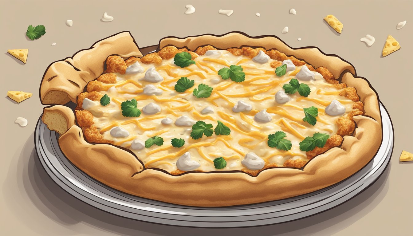 A golden pizza crust topped with creamy alfredo sauce, tender air-fried chicken, and a sprinkling of melted cheese