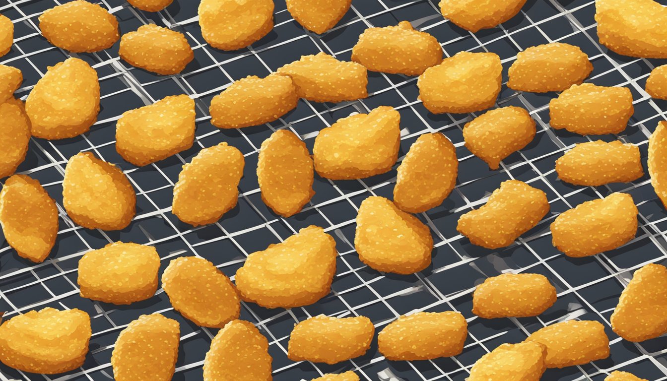 Golden chicken nuggets sizzling in an air fryer basket, surrounded by circulating hot air and emitting a savory aroma